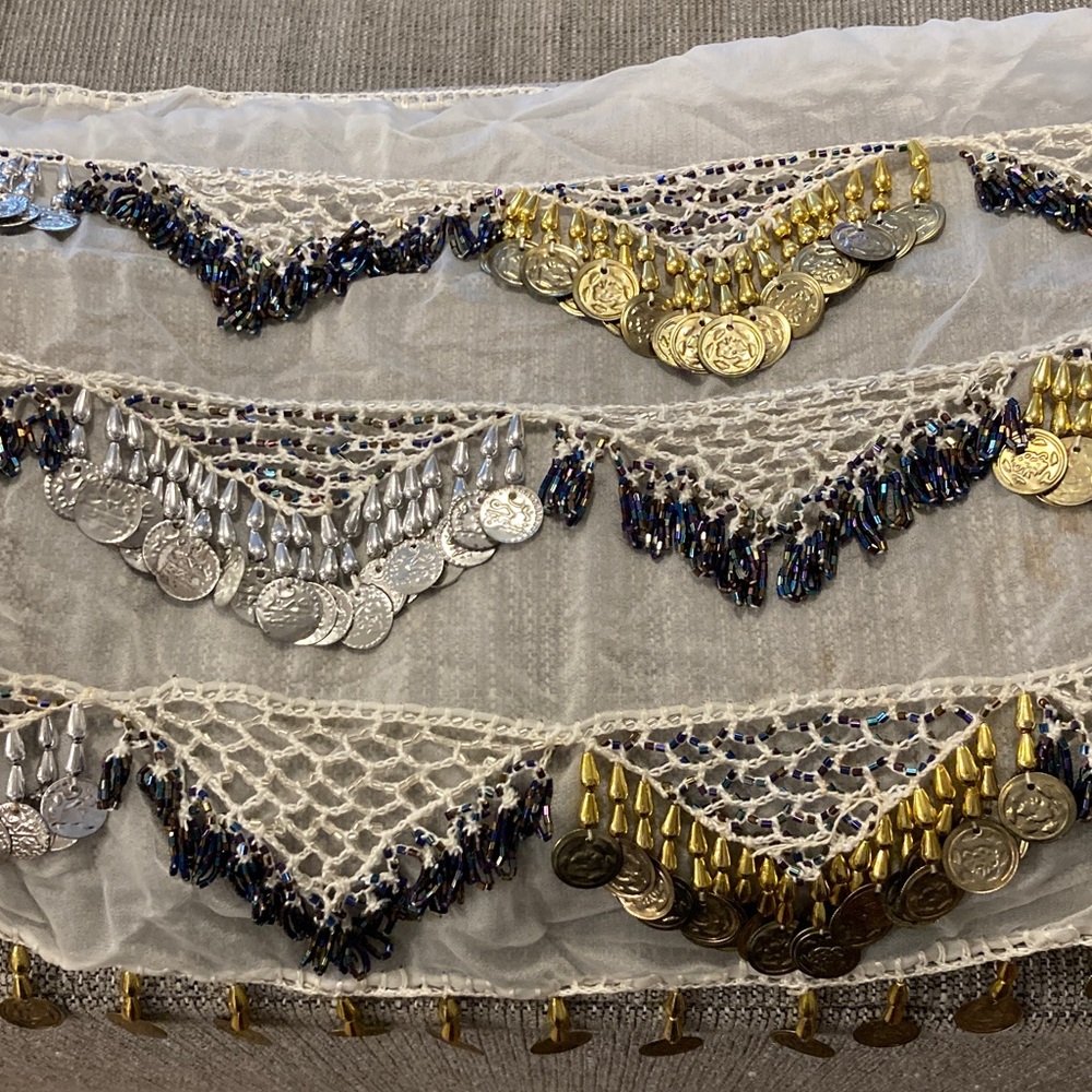 Belly Dance Hip Scarf White with gold & silver color Coins and colorful beads